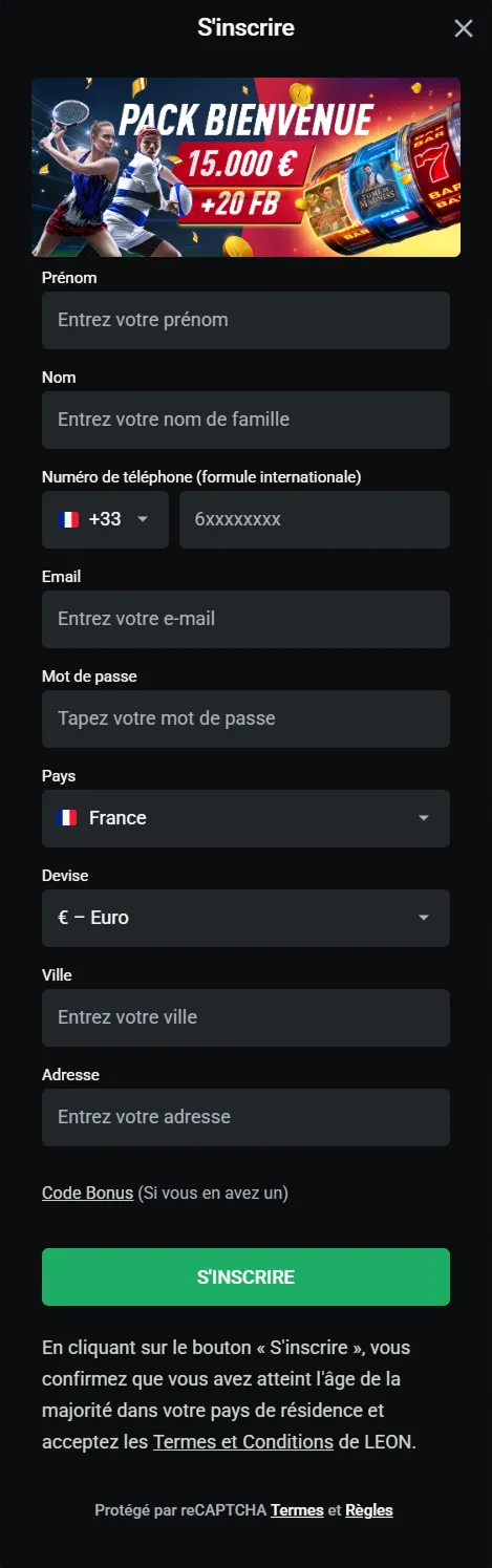 Formulaire d'inscription Leon Casino avec bonus de 15 000 € et 20 freebets offerts